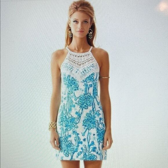 Lilly Pulitzer Dresses & Skirts - Lilly Pulitzer Dress Pearl Crochet Neck Halter Size 14 Blue & White
